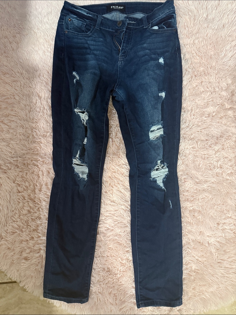 ENJEAN Dark Blue Distressed Skinny Jeans for Women